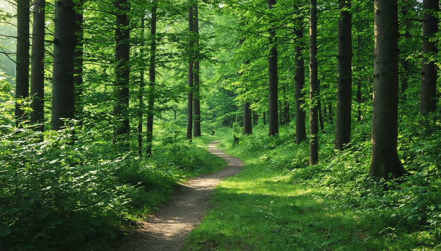 A walking path through a lush, green forest representing sustainable travel