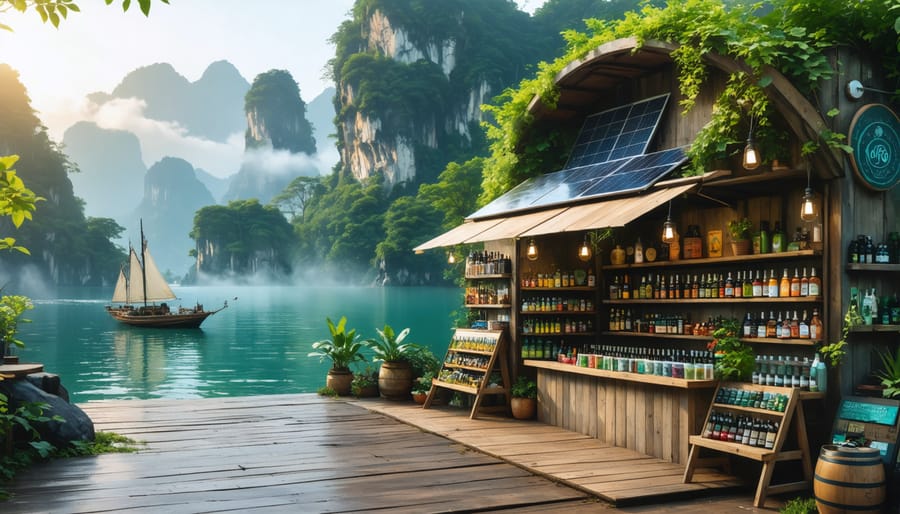 A scenic landscape portraying a sustainable vaping tourist destination, featuring a solar-powered vape shop and local artisans showcasing eco-friendly vaping products, surrounded by lush greenery.