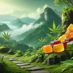 A harmonious composition illustrating the integration of sustainable travel and wellness, featuring a tranquil natural setting complemented by a variety of colorful CBD gummies.