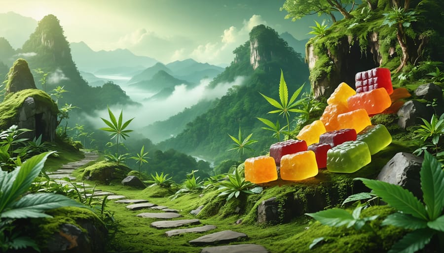 A harmonious composition illustrating the integration of sustainable travel and wellness, featuring a tranquil natural setting complemented by a variety of colorful CBD gummies.