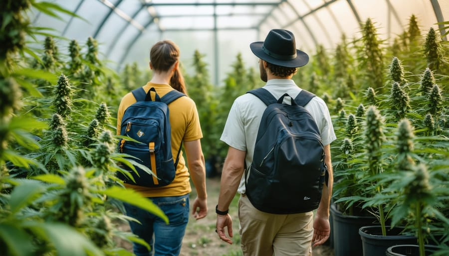 Diverse group of tourists learning about sustainable cannabis cultivation from local experts