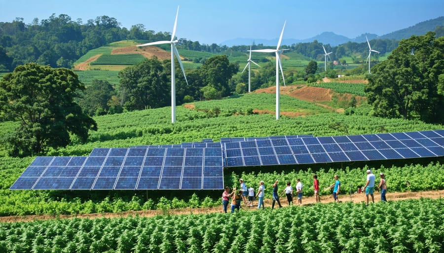 Visitors on a guided tour learning about sustainability at a cannabis farm powered by renewable energy in a vibrant rural setting.