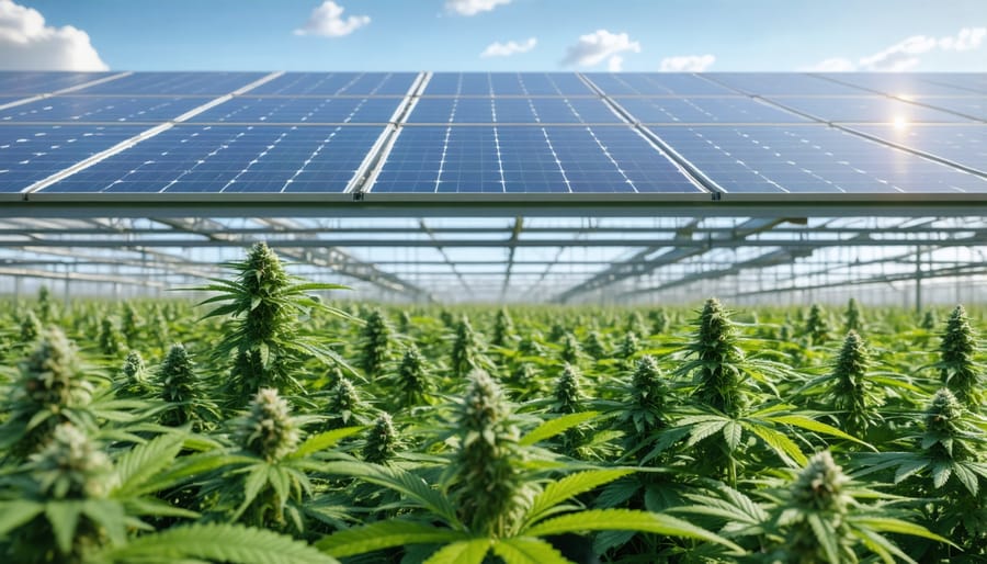 Modern eco-friendly cannabis greenhouse with solar panels and water recycling systems