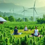 An eco-friendly hemp farm surrounded by lush natural scenery, featuring solar panels and wind turbines. Visitors are seen engaging in wellness activities among the hemp plants, representing the integration of wellness and sustainability in CBD tourism.