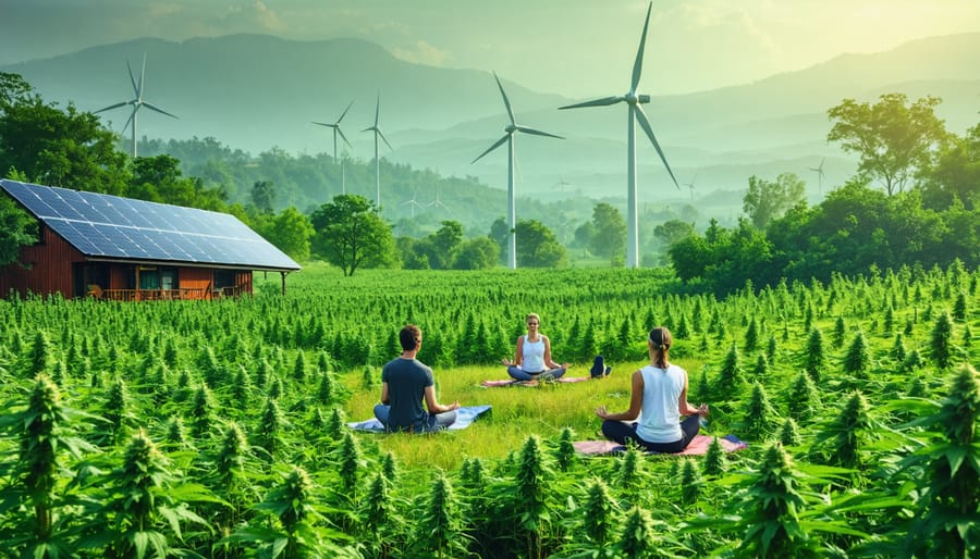 An eco-friendly hemp farm surrounded by lush natural scenery, featuring solar panels and wind turbines. Visitors are seen engaging in wellness activities among the hemp plants, representing the integration of wellness and sustainability in CBD tourism.