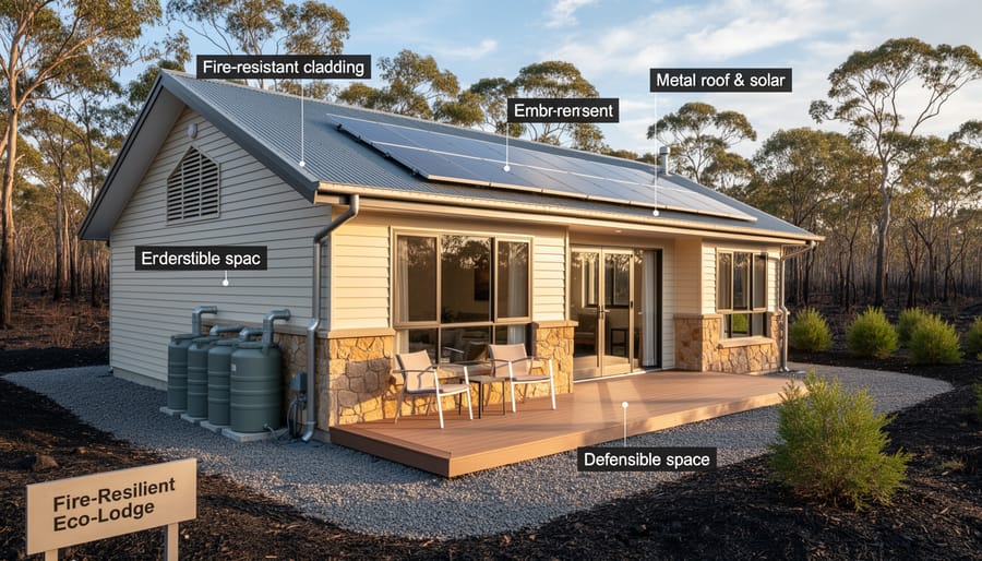 Eco-lodge exterior with solar panels and native landscaping in soft daylight.