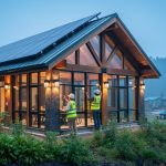 Safety gear crew inspecting a partially repaired sustainable eco-lodge with rooftop solar panels after a fire, surrounded by a forested landscape at dusk.