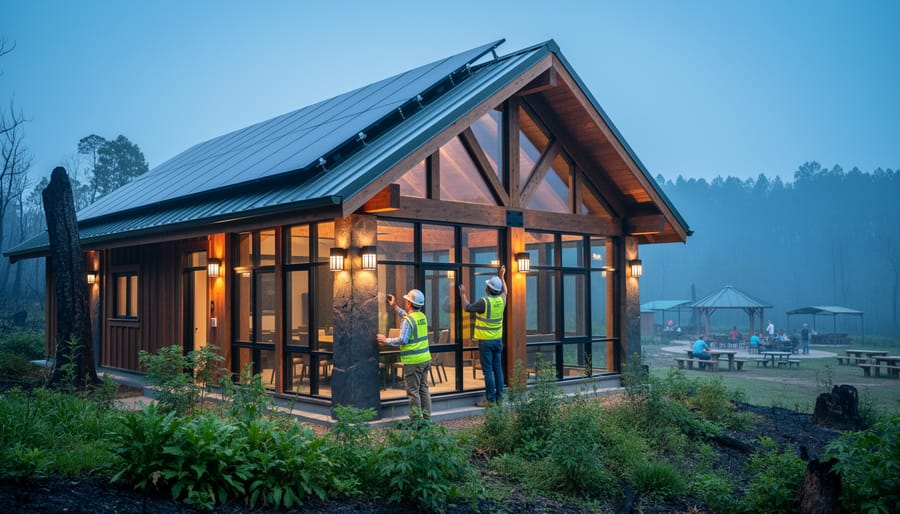 Safety gear crew inspecting a partially repaired sustainable eco-lodge with rooftop solar panels after a fire, surrounded by a forested landscape at dusk.
