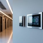 Modern hotel control panel and thermostat near HVAC vents, representing an energy management system for efficient heating, cooling, and lighting.