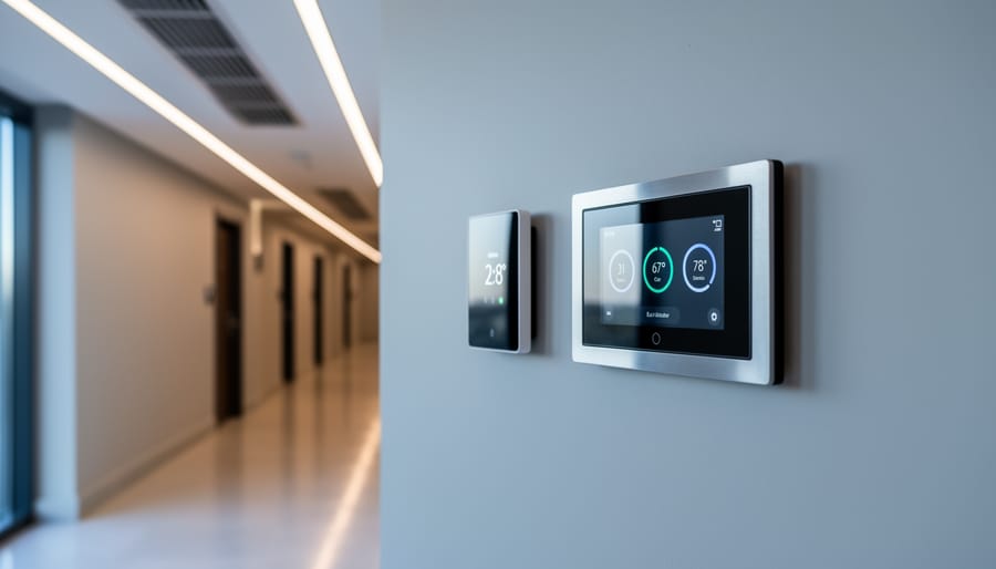 Modern hotel control panel and thermostat near HVAC vents, representing an energy management system for efficient heating, cooling, and lighting.