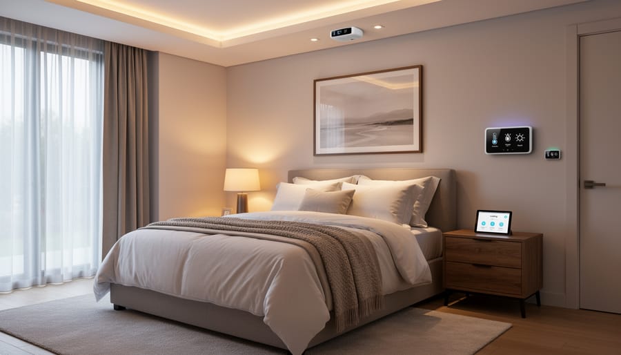 Hotel guest room with warm lighting and integrated smart energy controls