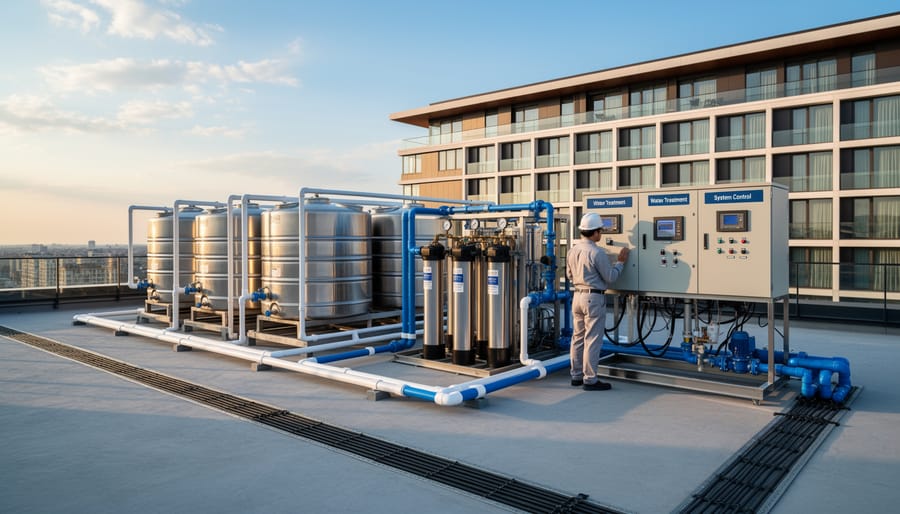 Hotel rooftop water treatment equipment with stainless pipes and filtration units under an overcast sky