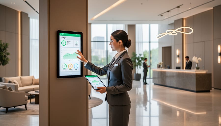 Hotel staff member monitoring smart energy controls in a modern lobby