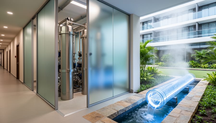 Stainless filtration tanks and illuminated piping in a hotel water treatment facility, with water flowing toward an outdoor irrigation system and landscaped grounds in the background.