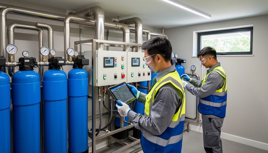 Maintenance technician inspecting a water sampling point beside hotel water treatment equipment