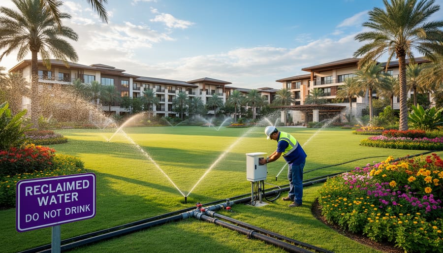 Outdoor irrigation line carrying clear treated water to hotel landscaping