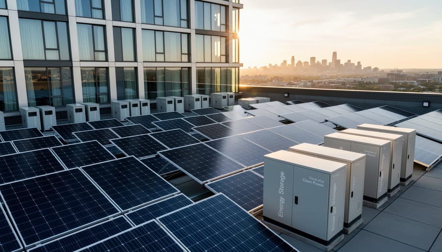 Rooftop solar panels and battery storage connected to hotel energy equipment