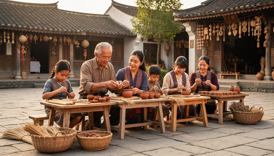 A craftsman demonstrating traditional weaving to visitors in a courtyard workshop.