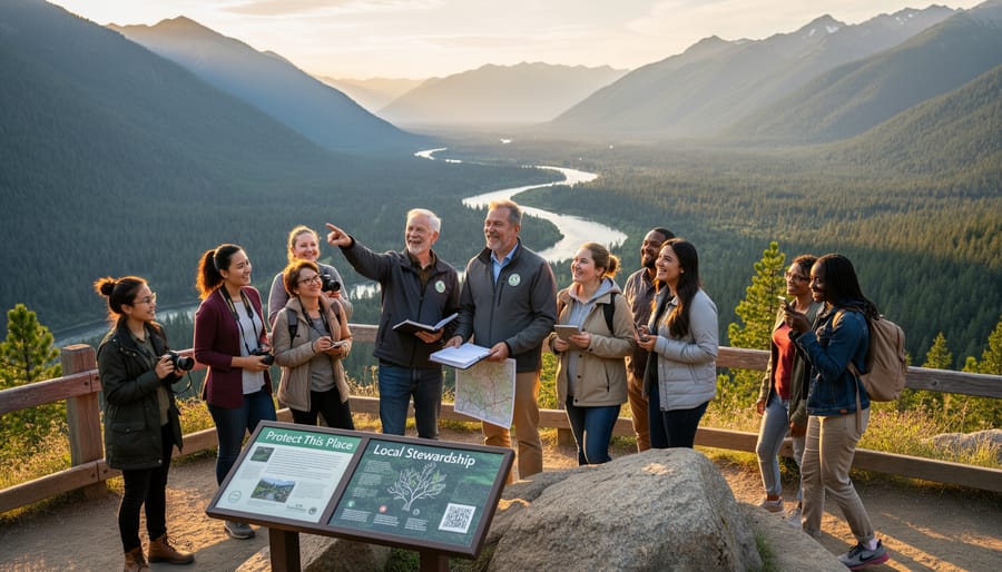 Visitors walking with a local guide along a wooden boardwalk beside coastal dunes at golden hour.