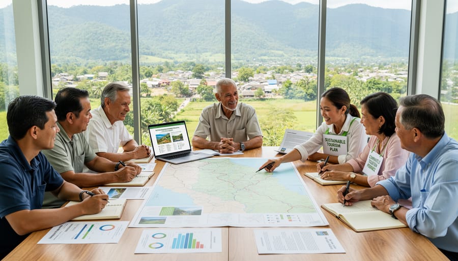 People from the community and tourism sector meeting around a table outdoors with printed materials that have no readable text.