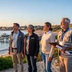 Diverse tourism stakeholders standing outdoors at sunrise overlooking a protected coastal shoreline with sustainable waterfront infrastructure and native greenery.