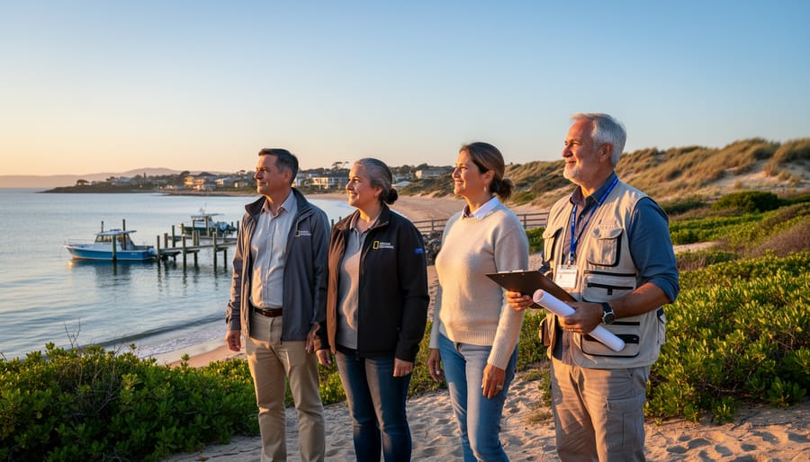 Diverse tourism stakeholders standing outdoors at sunrise overlooking a protected coastal shoreline with sustainable waterfront infrastructure and native greenery.