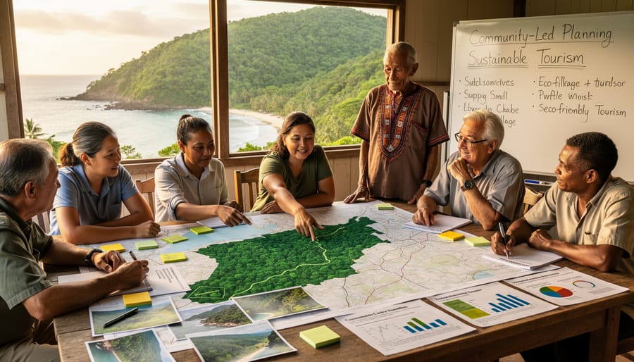 Local community members discussing sustainable tourism planning outdoors