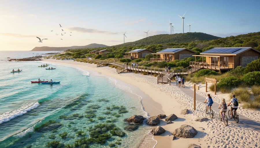 Coastal resort with solar panels and wind turbines in the distance, showing sustainable tourism infrastructure