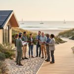 Coastal eco-lodge and beach boardwalk with residents and hospitality professionals discussing sustainable tourism near native vegetation and a calm ocean.