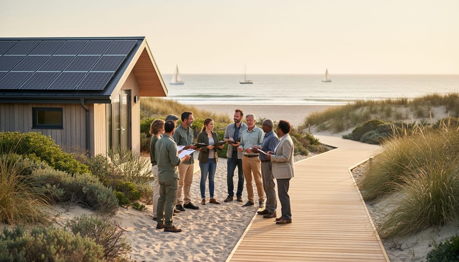 Coastal eco-lodge and beach boardwalk with residents and hospitality professionals discussing sustainable tourism near native vegetation and a calm ocean.