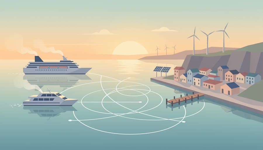Dawn harbor scene with an electric shuttle vehicle near the quay and moored ships in the distance