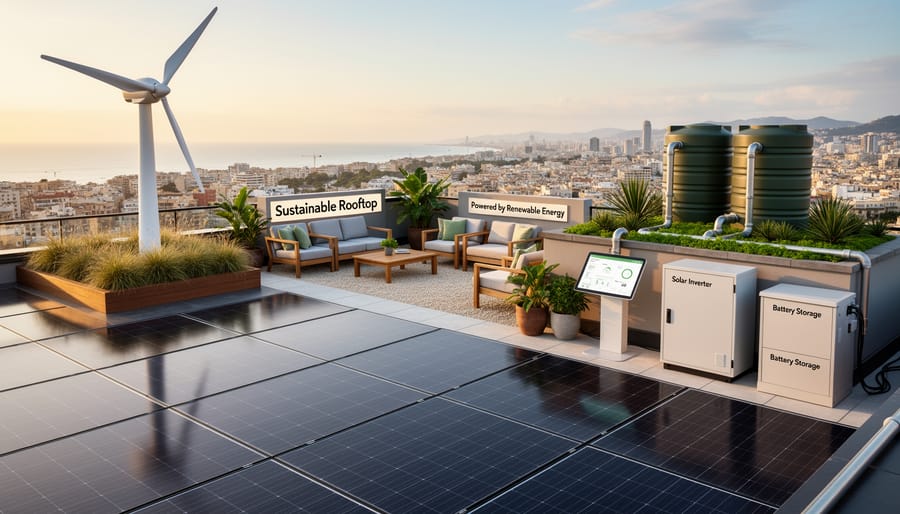 Rooftop view of a hotel with solar panels and wind turbines in the background