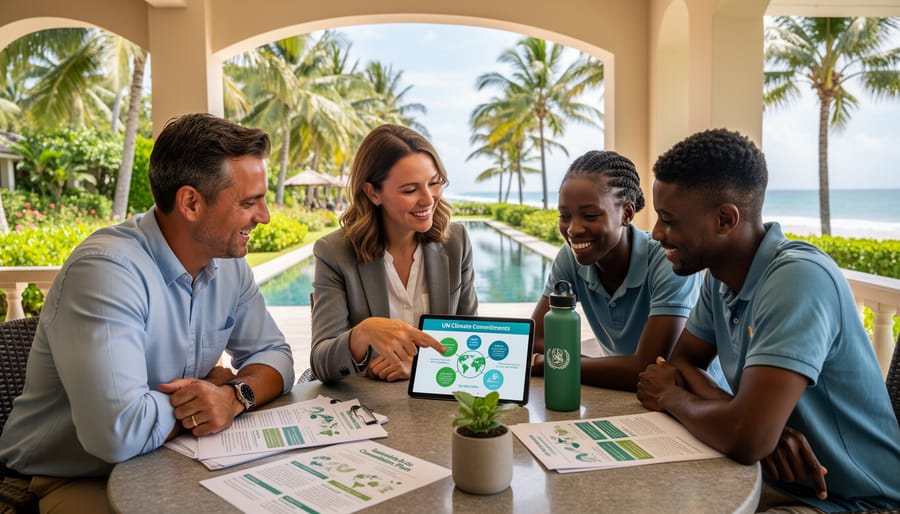 Tourism professionals discussing a sustainability binder on a resort patio