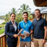 Tourism professionals standing on an eco-friendly lodge balcony overlooking a coastal landscape, representing UN climate action in tourism.