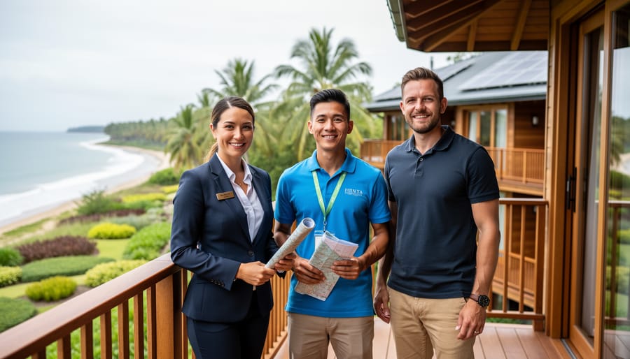 Tourism professionals standing on an eco-friendly lodge balcony overlooking a coastal landscape, representing UN climate action in tourism.